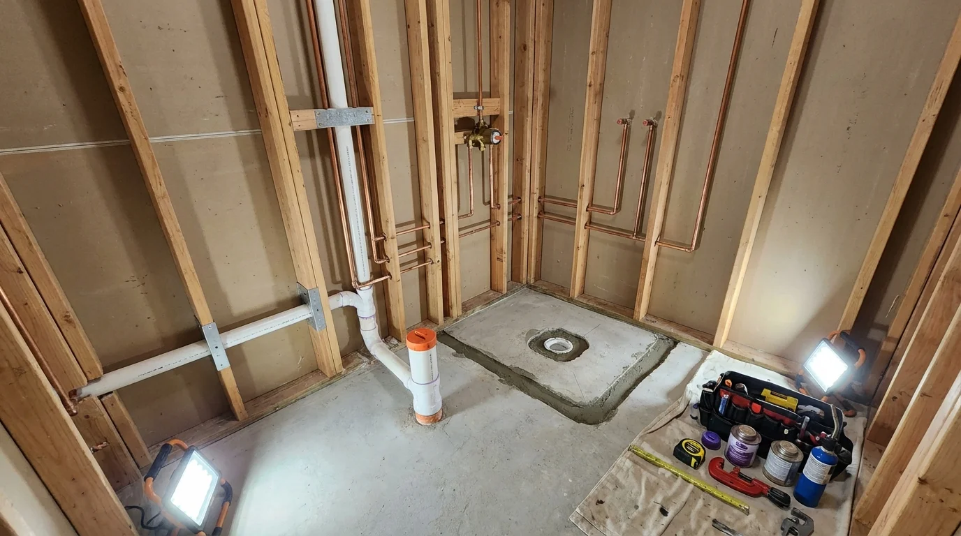 Bathroom rough-in plumbing during remodel by Johns Plumbing LLC in Schriever