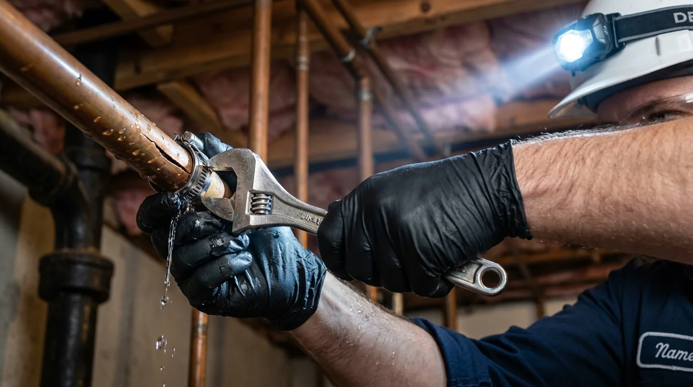 Emergency pipe clamp repair being performed by a Johns Plumbing LLC plumber in Schriever