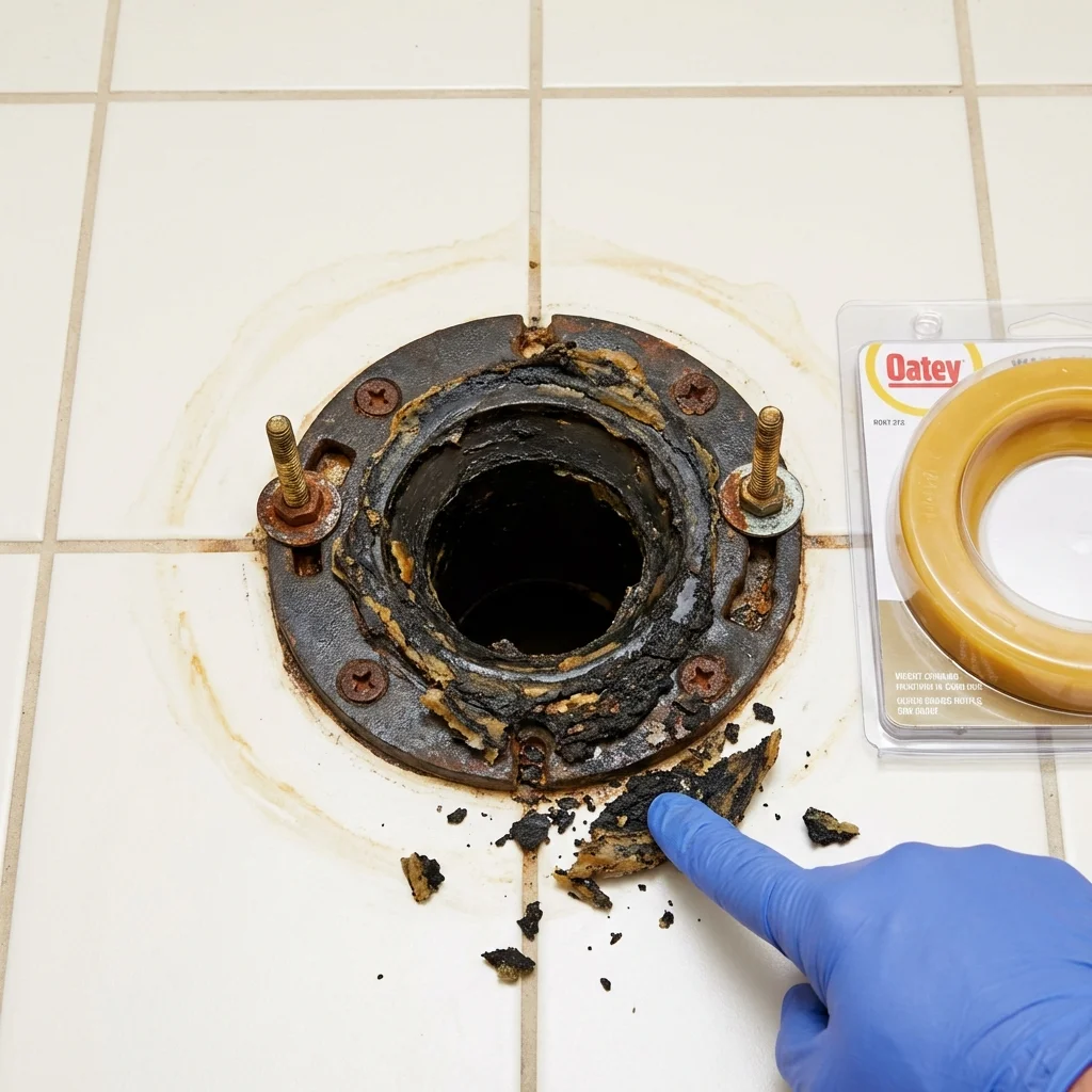 Failed wax ring showing water seepage at the base of a toilet in a Schriever, LA home