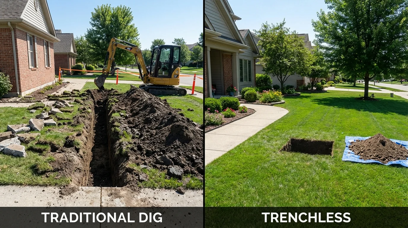 Trenchless sewer repair with minimal yard damage versus traditional excavation in Schriever, LA
